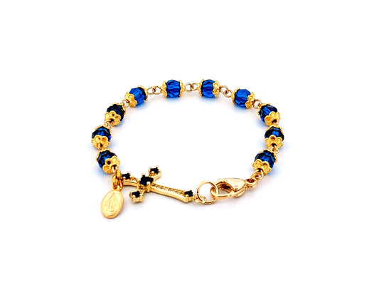 Miraculous medal blue Preciosa crystal single decade rosary bead bracelet with 18ct gold cubic zirconia cross.