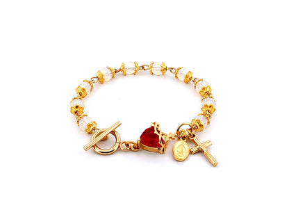 Sacred Heart Preciosa crystal and 18ct gold single decade rosary bead bracelet with Miraculous medal.