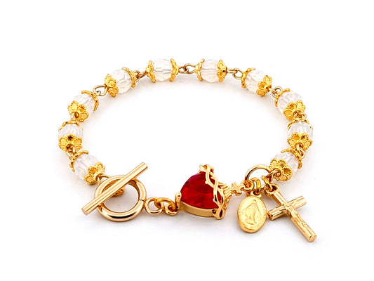 Sacred Heart Preciosa crystal and 18ct gold single decade rosary bead bracelet with Miraculous medal.