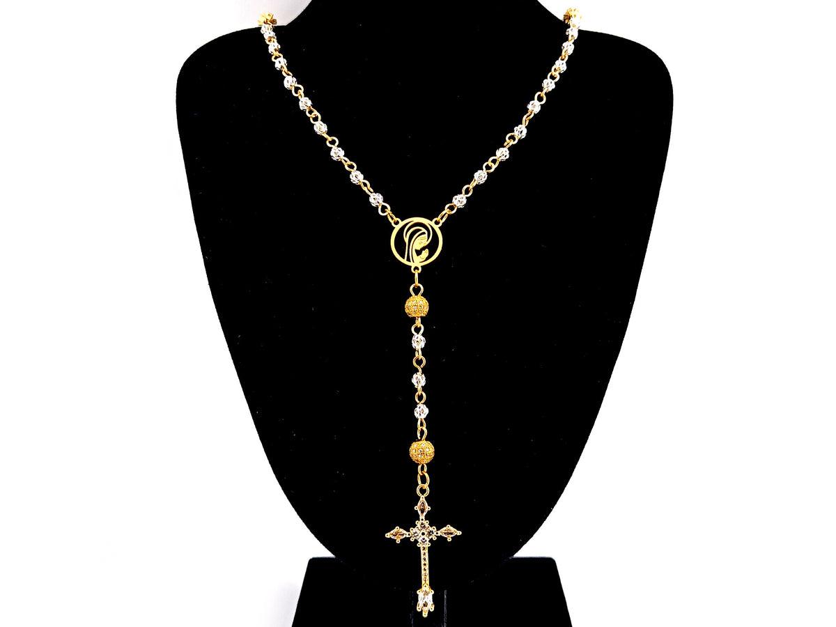 Praying Virgin Mary 925 sterling silver and 18ct gold plated unique rosary beads necklace with cubic zirconia cross.