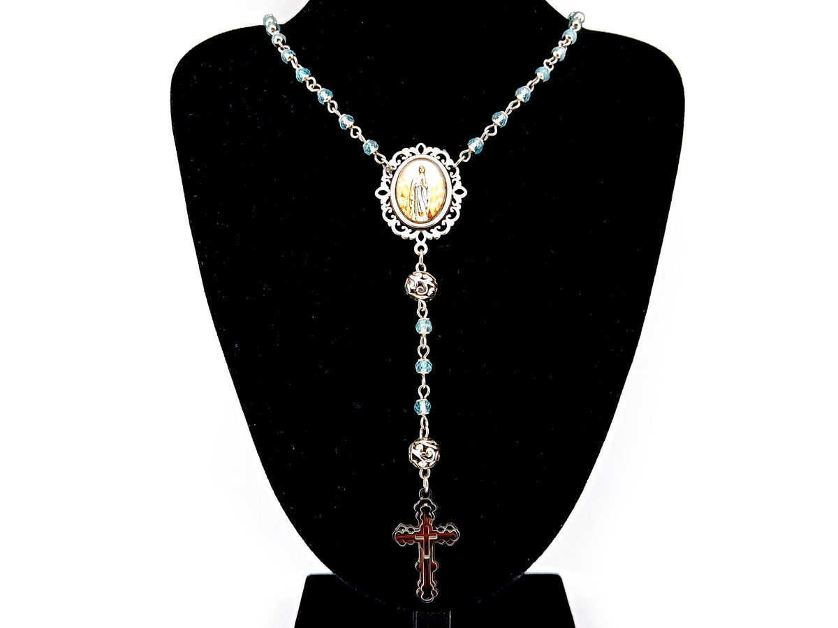 Immaculate Conception topaz gemstone and silver unique rosary beads with stainless steel 3D cross.