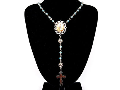 Immaculate Conception topaz gemstone and silver unique rosary beads with stainless steel 3D cross.