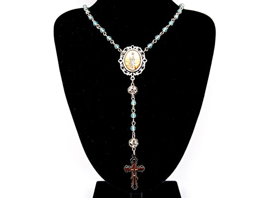 Immaculate Conception topaz gemstone and silver unique rosary beads with stainless steel 3D cross.