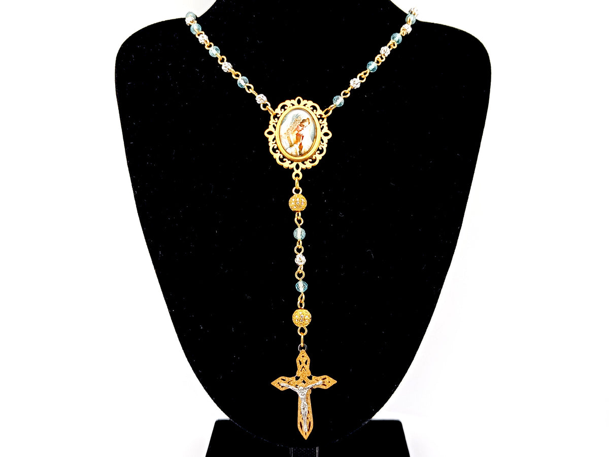 Virgin Mary topaz gemstone and 925 sterling silver unique rosary beads with mosaic 3D crucifix.