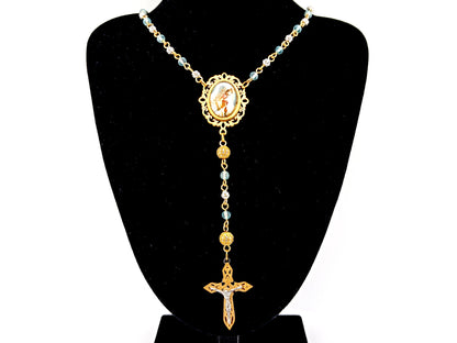 Virgin Mary topaz gemstone and 925 sterling silver unique rosary beads with mosaic 3D crucifix.
