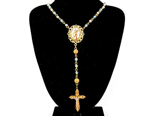 Virgin Mary topaz gemstone and 925 sterling silver unique rosary beads with mosaic 3D crucifix.