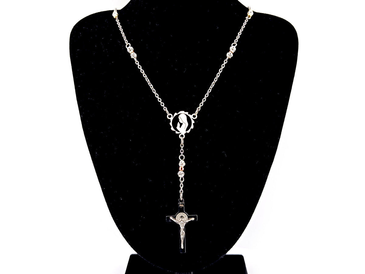 Praying Virgin Mary 925 sterling silver stainless steel necklace with Saint Benedict crucifix