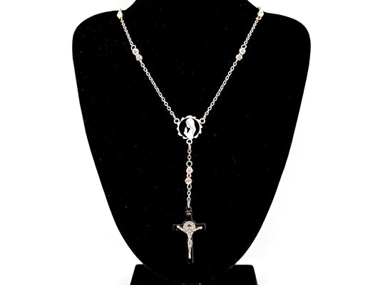 Praying Virgin Mary 925 sterling silver stainless steel necklace with Saint Benedict crucifix