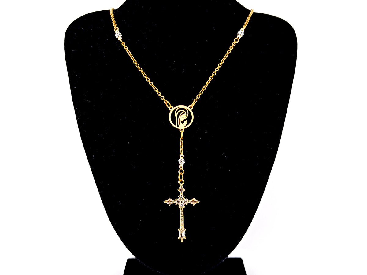 Praying Virgin Mary 925 sterling silver and 18K gold plated stainless steel necklace with small cubic zirconia crucifix.