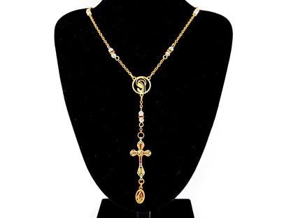 Praying Virgin Mary 925 sterling silver and 18K gold plated stainless steel necklace with small cubic zirconia cross.