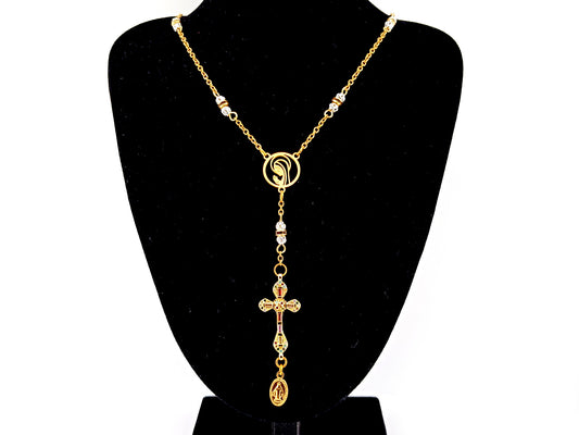Praying Virgin Mary 925 sterling silver and 18K gold plated stainless steel necklace with small cubic zirconia cross.