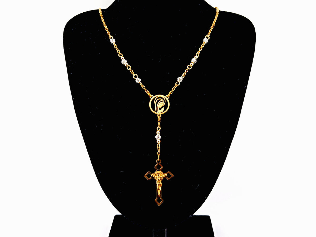 Praying Virgin Mary 925 sterling silver and 18K gold plated stainless steel necklace with small Saint Benedict crucifix.