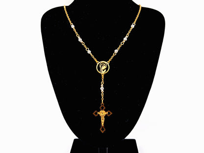 Praying Virgin Mary 925 sterling silver and 18K gold plated stainless steel necklace with small Saint Benedict crucifix.