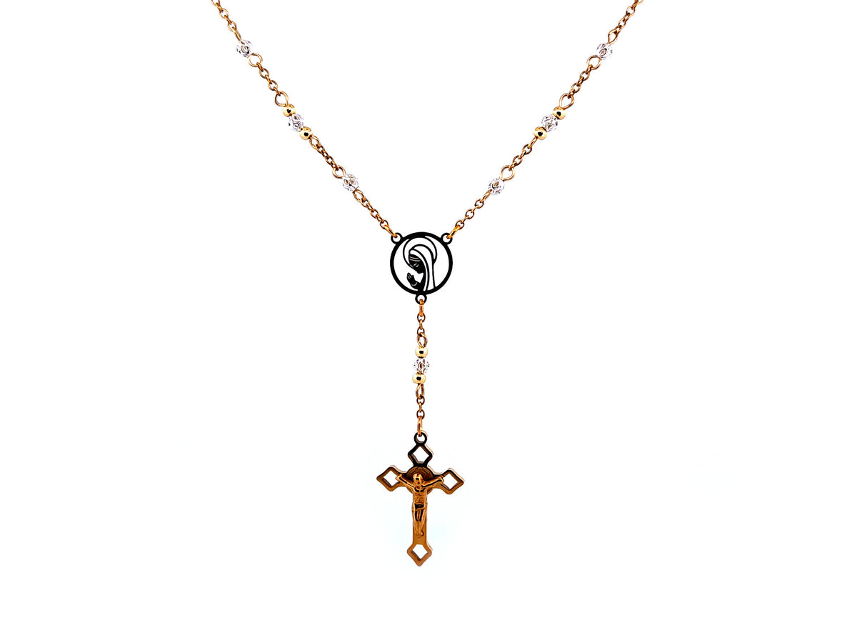 Praying Virgin Mary 925 sterling silver and 18K gold plated stainless steel necklace with small Saint Benedict crucifix.