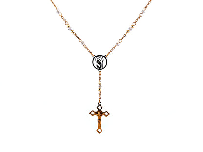 Praying Virgin Mary 925 sterling silver and 18K gold plated stainless steel necklace with small Saint Benedict crucifix.