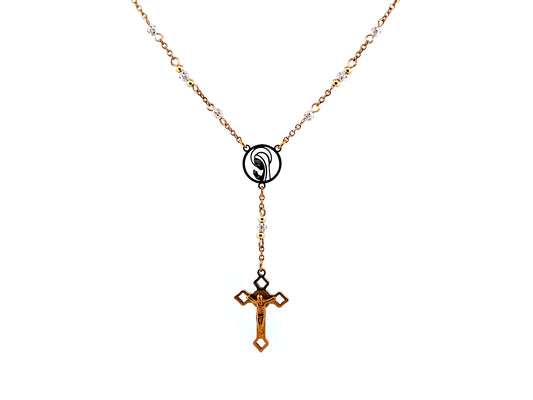Praying Virgin Mary 925 sterling silver and 18K gold plated stainless steel necklace with small Saint Benedict crucifix.