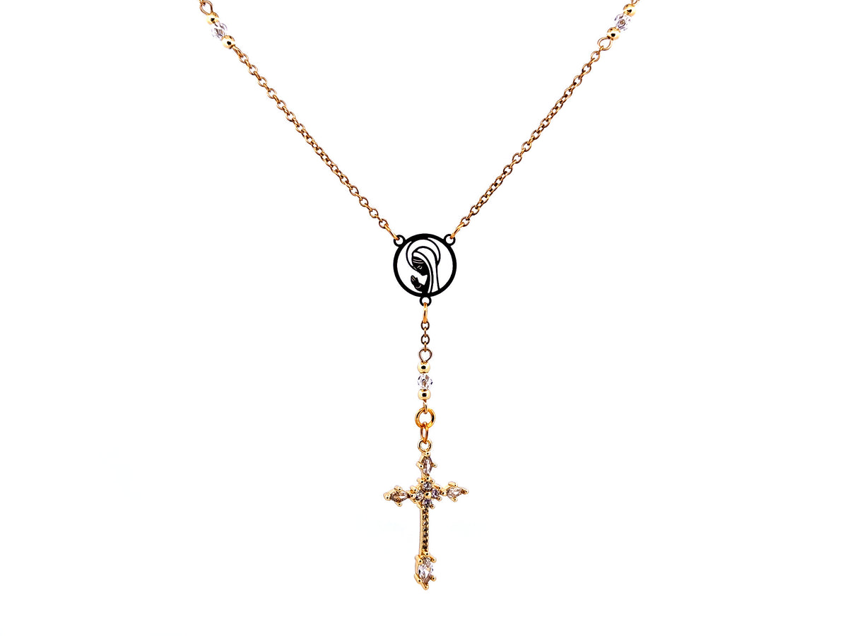 Praying Virgin Mary 925 sterling silver and 18K gold plated stainless steel necklace with small cubic zirconia crucifix.
