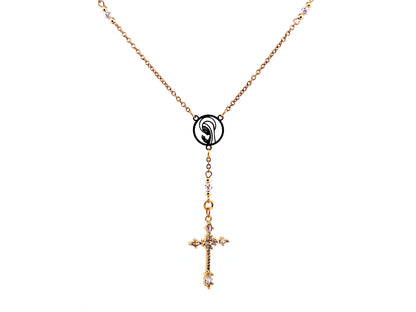 Praying Virgin Mary 925 sterling silver and 18K gold plated stainless steel necklace with small cubic zirconia crucifix.