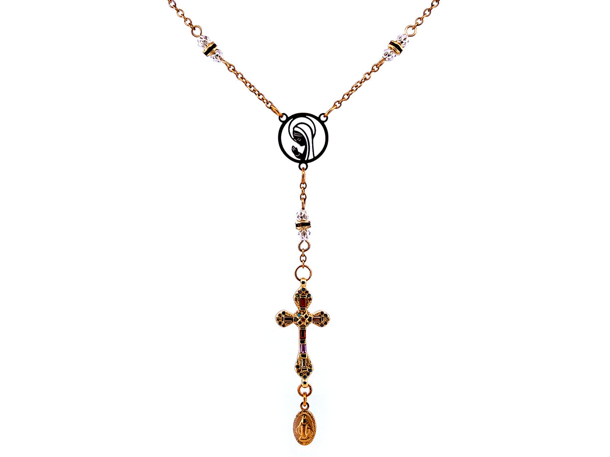 Praying Virgin Mary 925 sterling silver and 18K gold plated stainless steel necklace with small cubic zirconia cross.