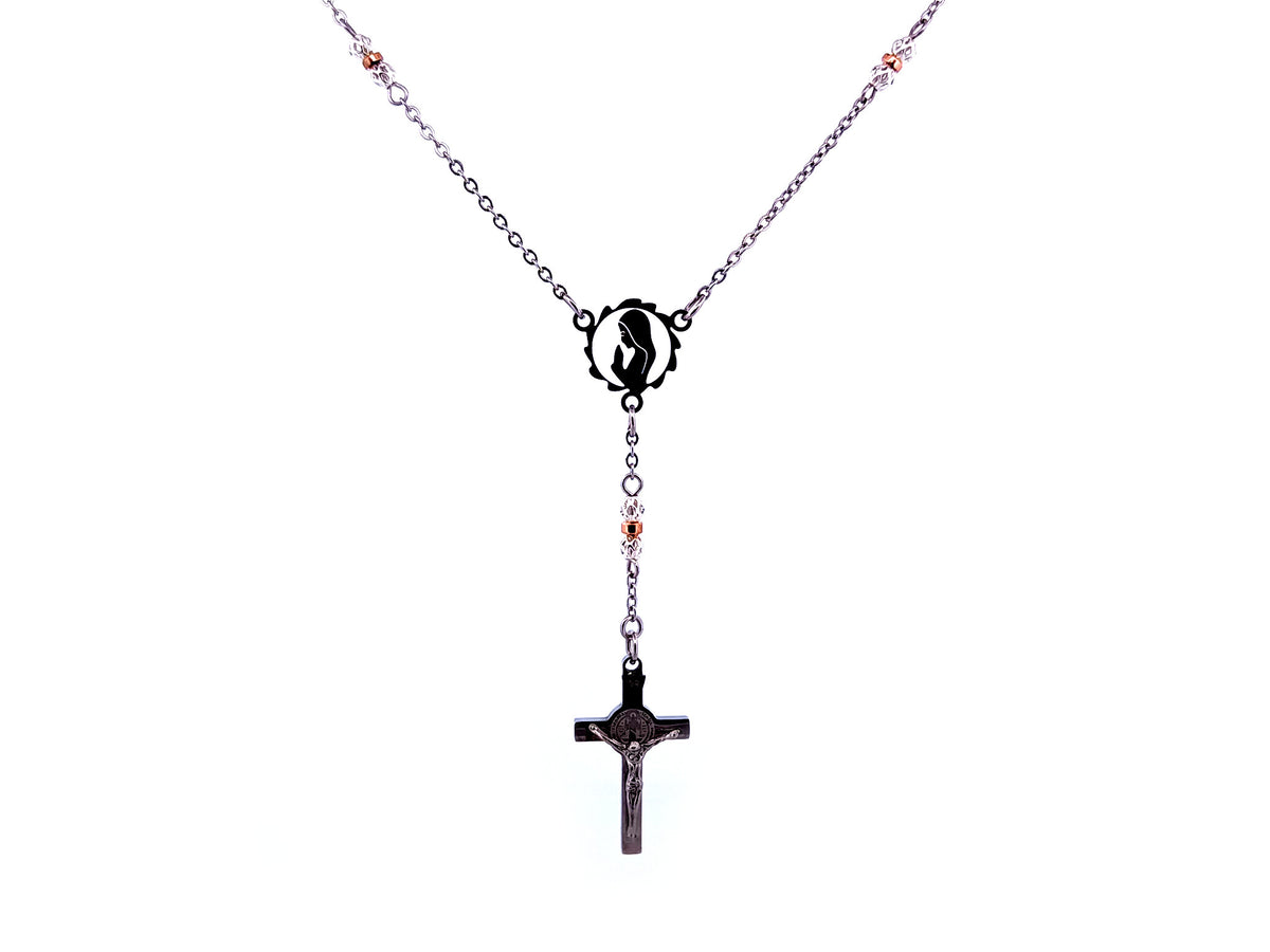Praying Virgin Mary 925 sterling silver stainless steel necklace with Saint Benedict crucifix