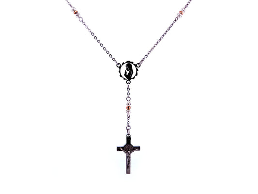 Praying Virgin Mary 925 sterling silver stainless steel necklace with Saint Benedict crucifix