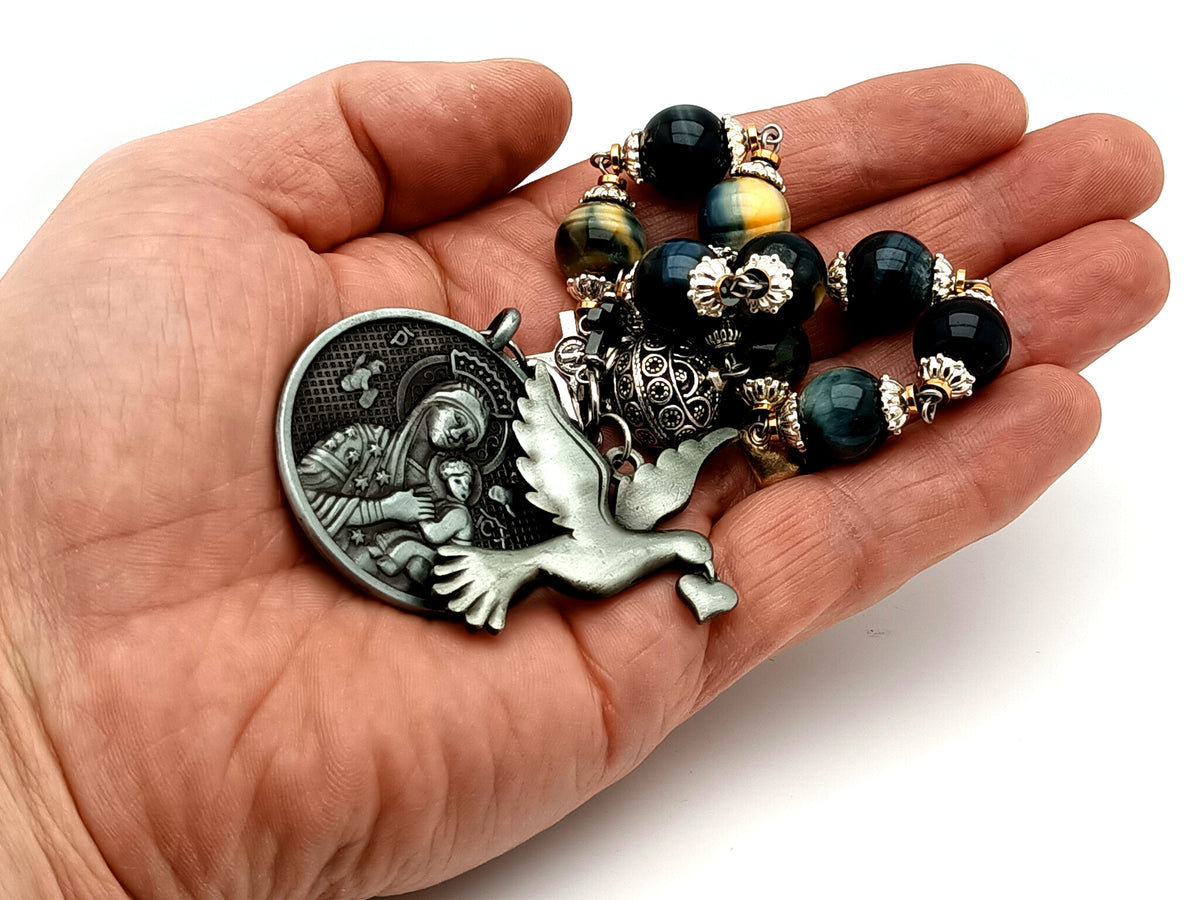 Our Lady of Perpetual Help tigers eye gemstone single decade unique rosary beads with large pewter dove medal.