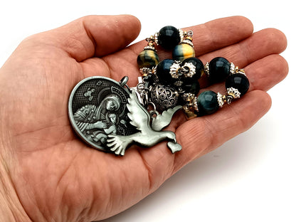 Our Lady of Perpetual Help tigers eye gemstone single decade unique rosary beads with large pewter dove medal.