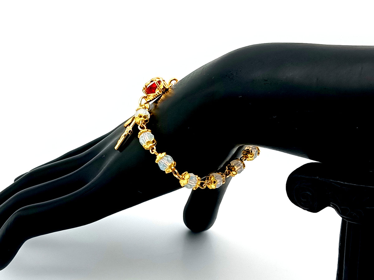Sacred Heart Preciosa crystal and 18ct gold single decade rosary bead bracelet with Miraculous medal.