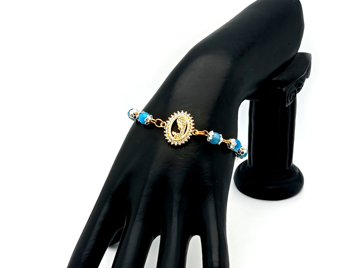 Virgin Mary striped blue agate gemstone single decade rosary beads with gold plated Miraculous medal.