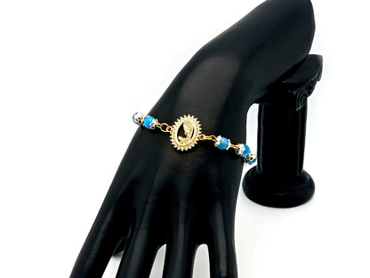 Virgin Mary striped blue agate gemstone single decade rosary beads with gold plated Miraculous medal.