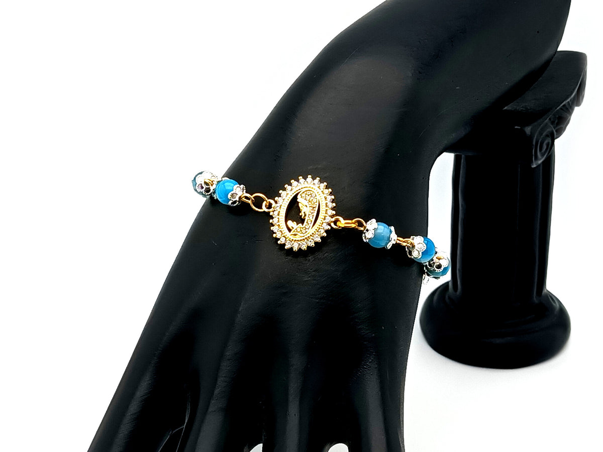 Virgin Mary striped blue agate gemstone single decade rosary beads with gold plated Miraculous medal.