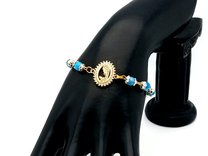 Virgin Mary striped blue agate gemstone single decade rosary beads with gold plated Miraculous medal.