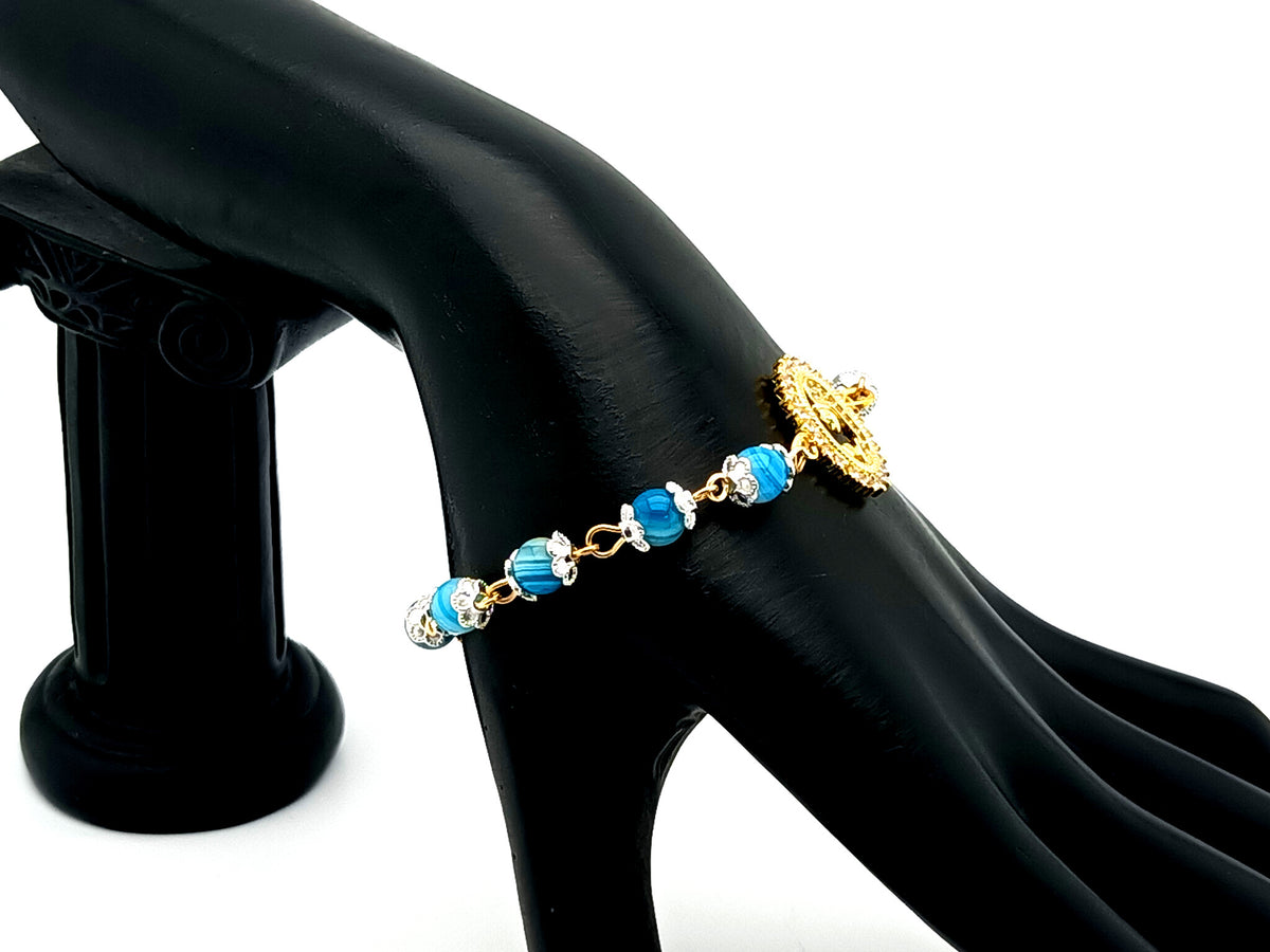 Virgin Mary striped blue agate gemstone single decade rosary beads with gold plated Miraculous medal.