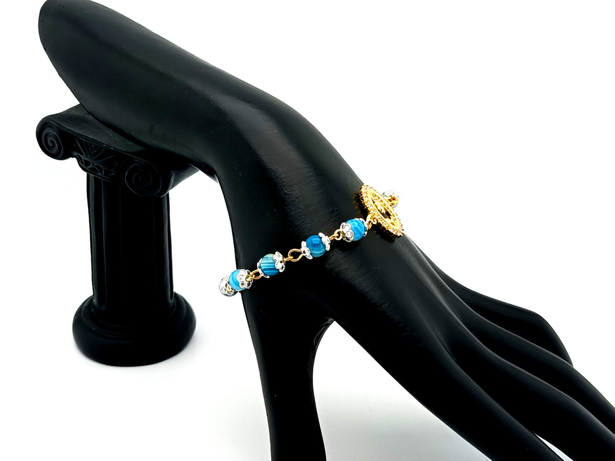 Virgin Mary striped blue agate gemstone single decade rosary beads with gold plated Miraculous medal.