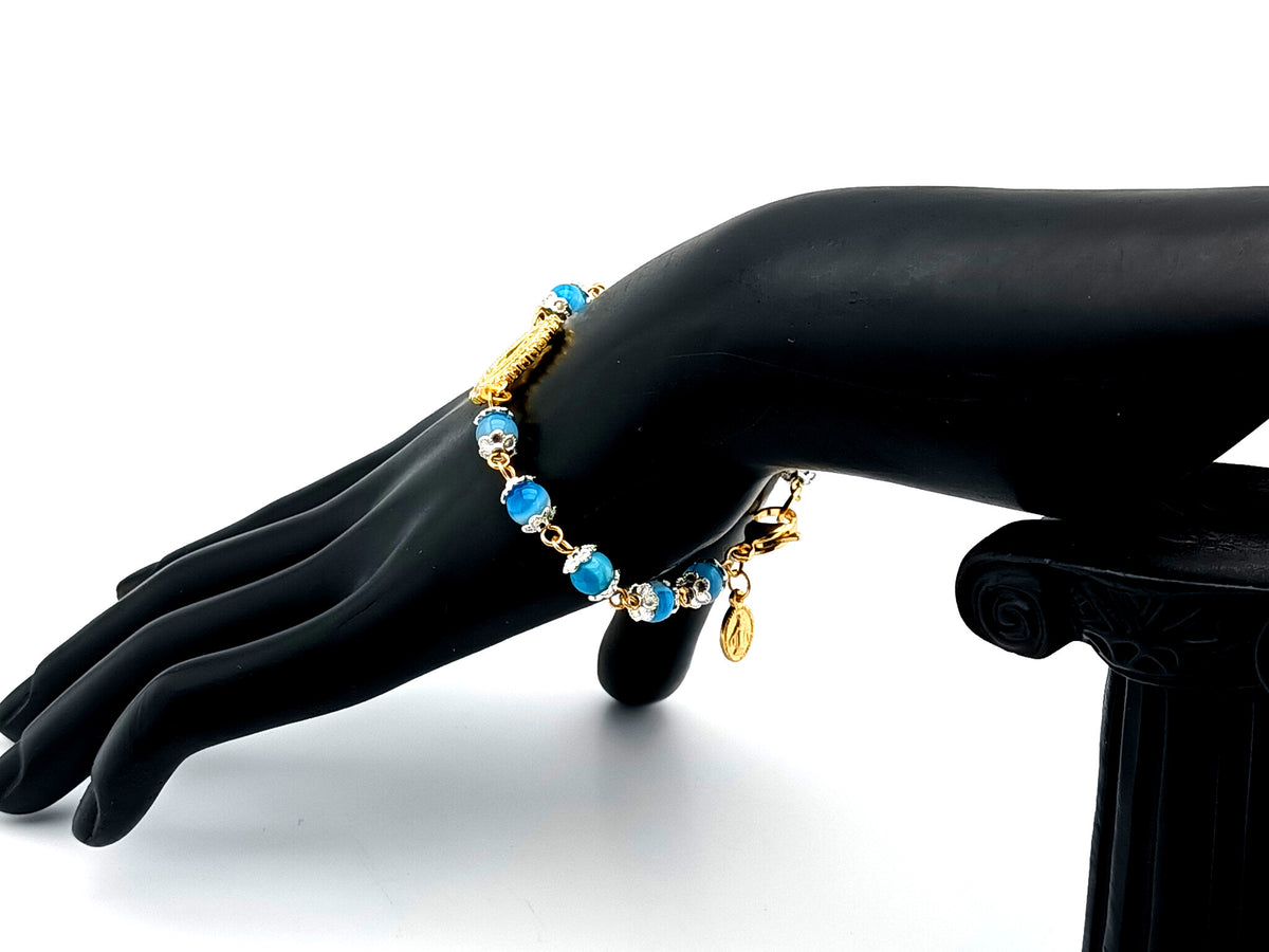 Virgin Mary striped blue agate gemstone single decade rosary beads with gold plated Miraculous medal.