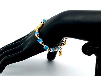 Virgin Mary striped blue agate gemstone single decade rosary beads with gold plated Miraculous medal.