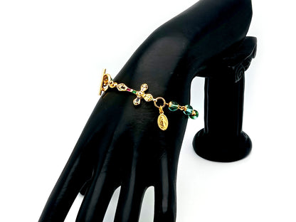 Miraculous Medal Austrian crystal single decade rosary bead bracelet with 18K gold cubic zirconia cross. 
