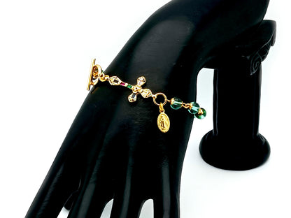 Miraculous Medal Austrian crystal single decade rosary bead bracelet with 18K gold cubic zirconia cross. 