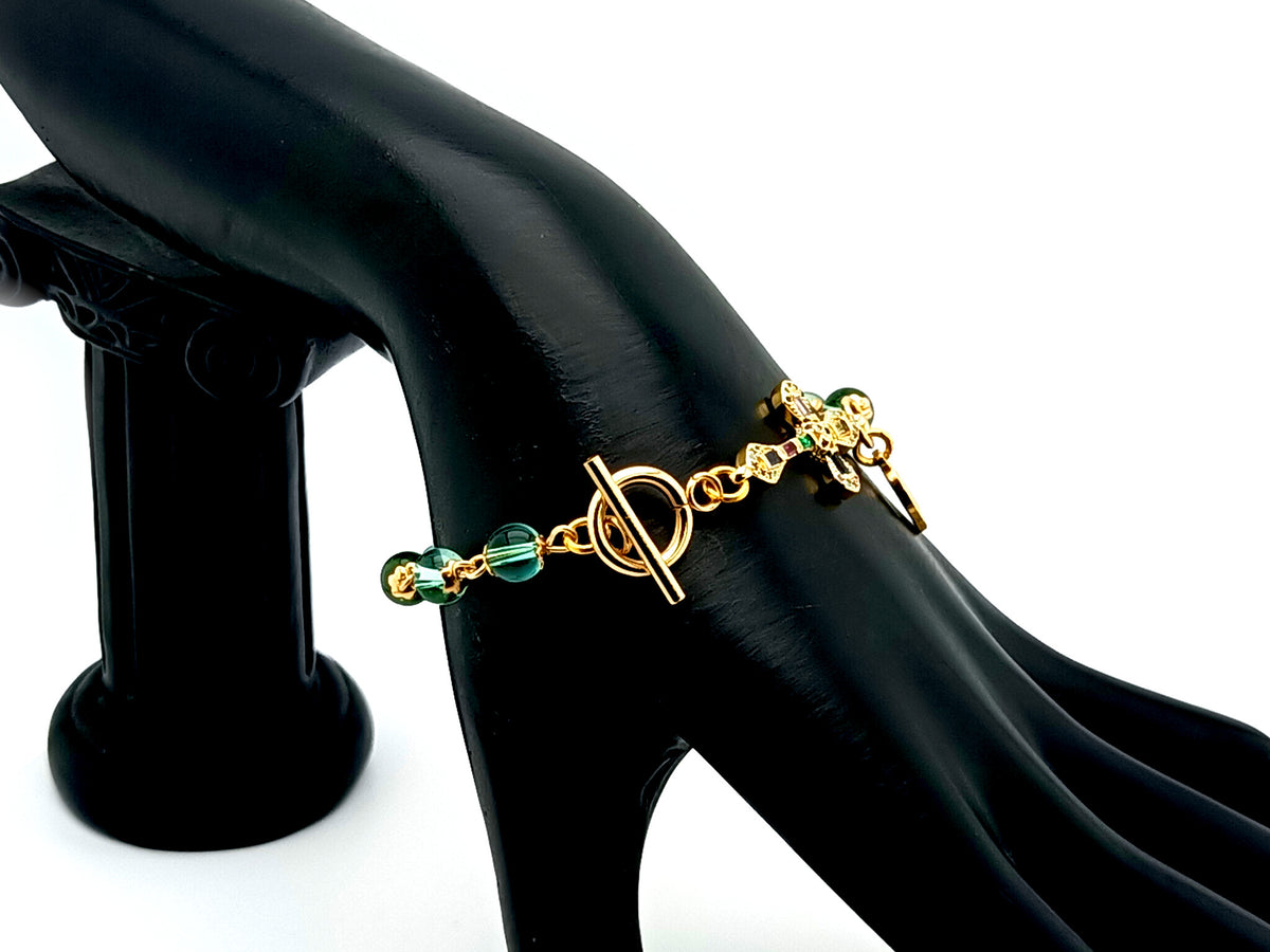 Miraculous Medal Austrian crystal single decade rosary bead bracelet with 18K gold cubic zirconia cross. 