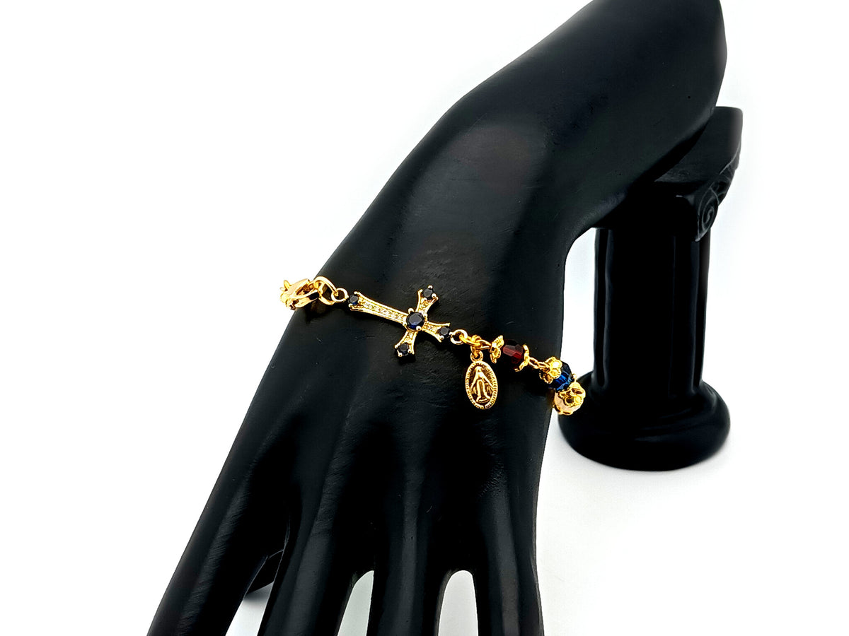 Miraculous medal crystal and gold single decade unique rosary beads bracelet with 18K gold cubic zirconia cross.