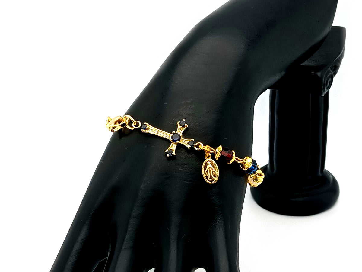Miraculous medal crystal and gold single decade unique rosary beads bracelet with 18K gold cubic zirconia cross.
