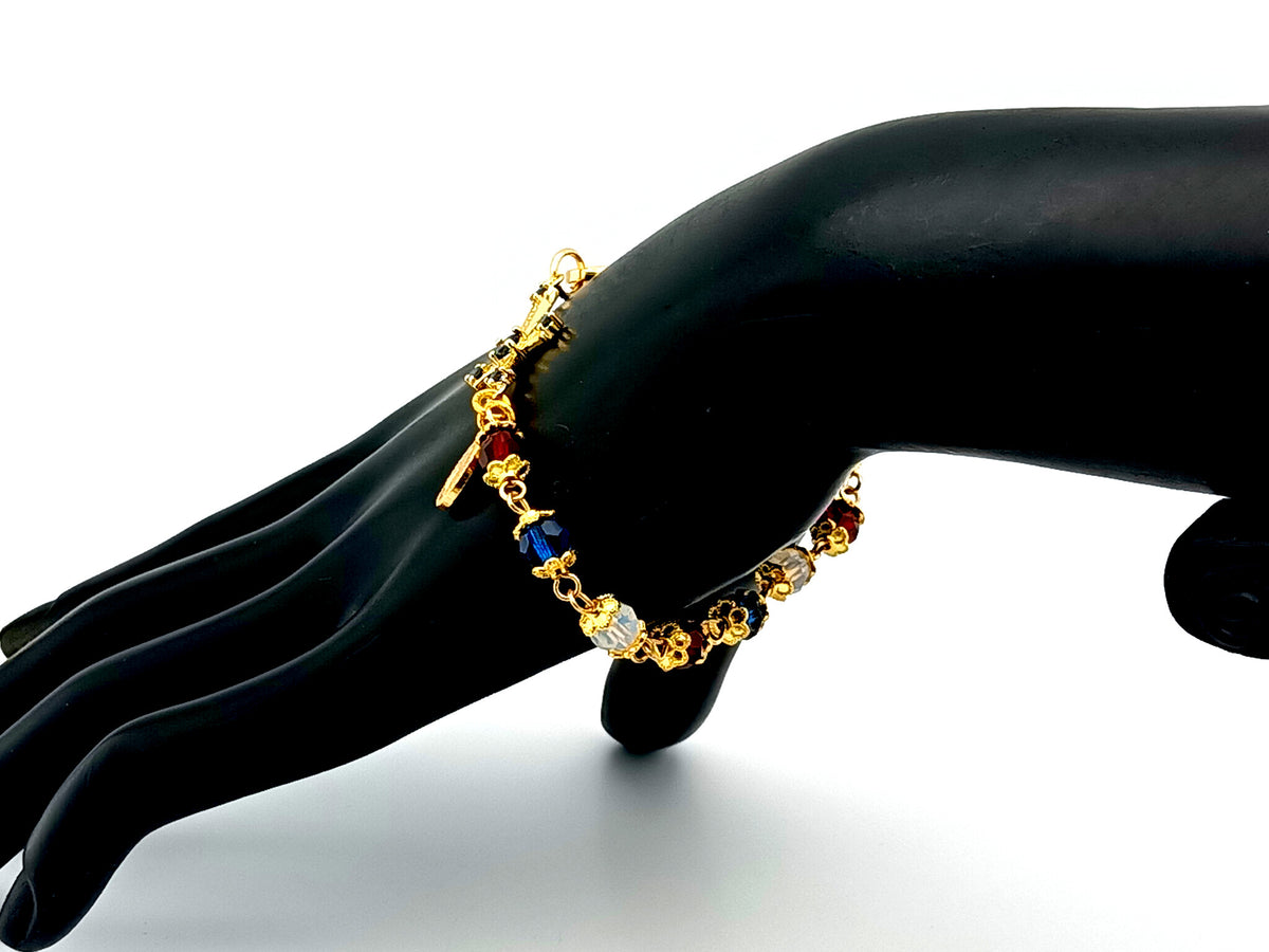 Miraculous medal crystal and gold single decade unique rosary beads bracelet with 18K gold cubic zirconia cross.