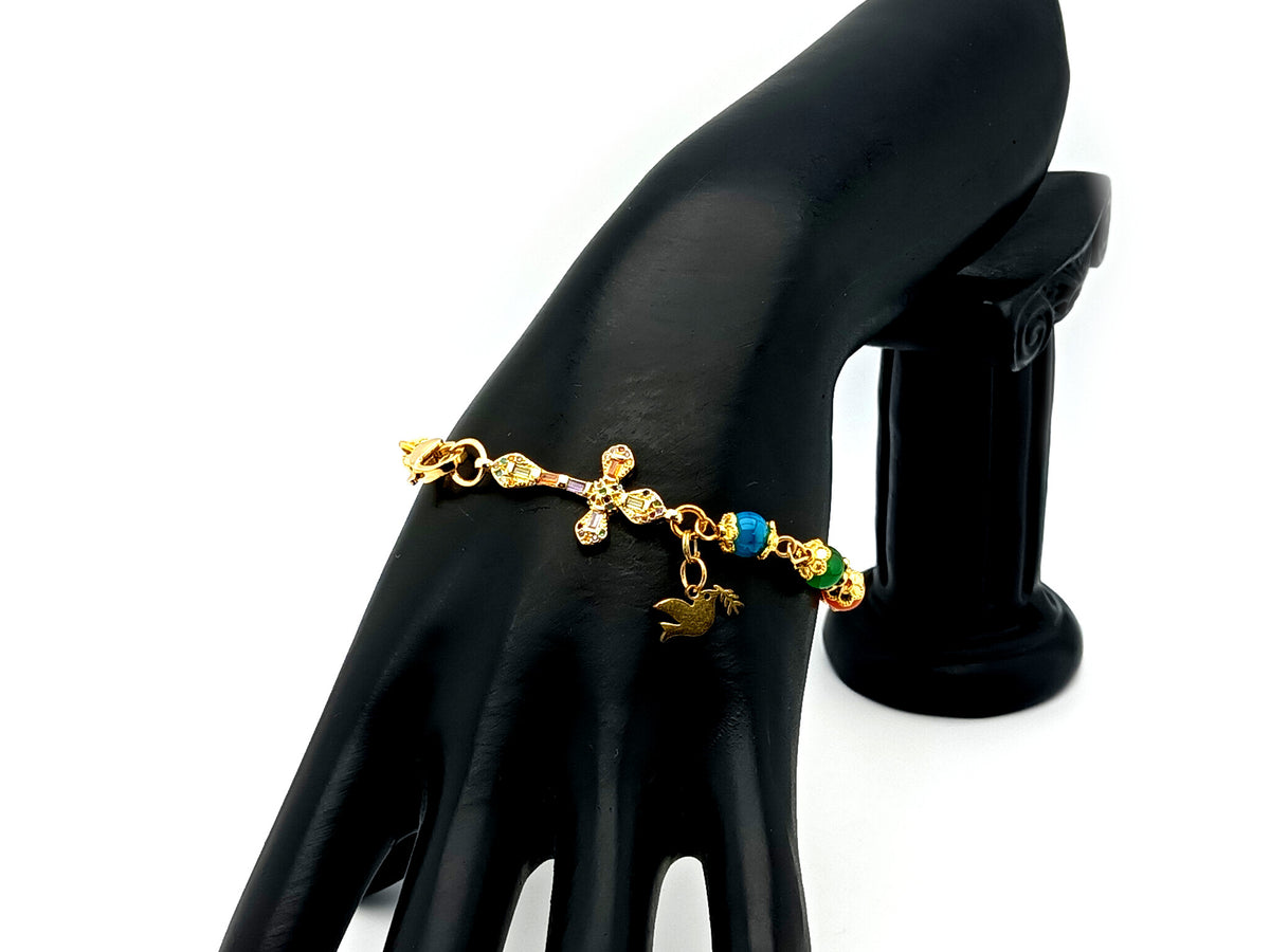 Holy Spirit multi coloured agate gemstone single decade rosary bead bracelet with 18K gold cubic zirconia cross.