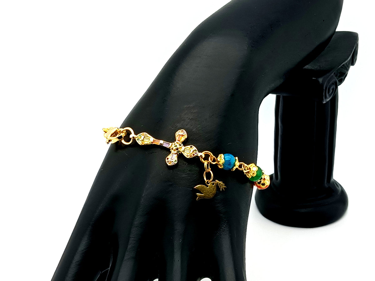 Holy Spirit multi coloured agate gemstone single decade rosary bead bracelet with 18K gold cubic zirconia cross.