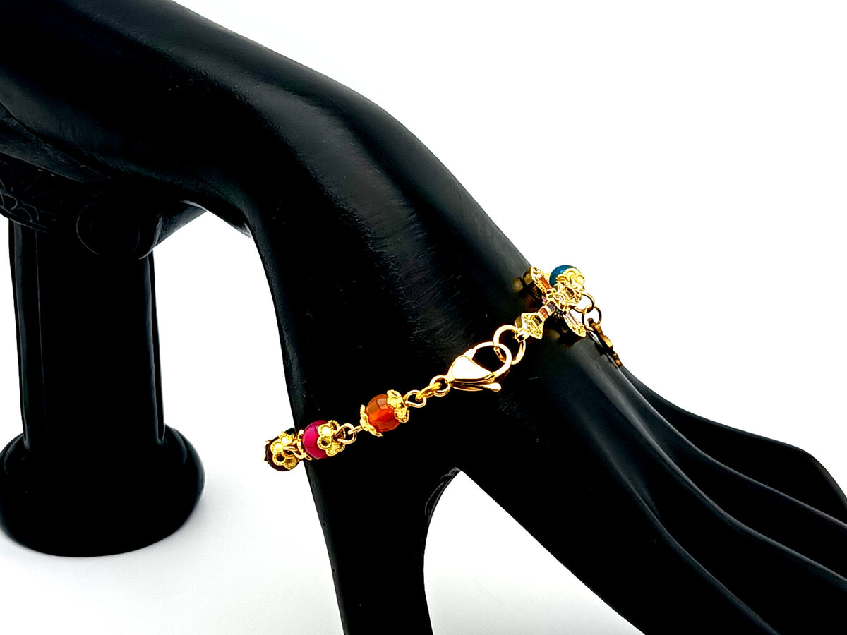 Holy Spirit multi coloured agate gemstone single decade rosary bead bracelet with 18K gold cubic zirconia cross.