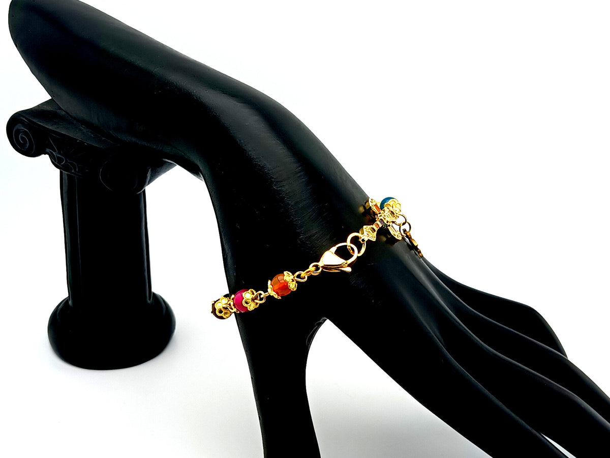 Holy Spirit multi coloured agate gemstone single decade rosary bead bracelet with 18K gold cubic zirconia cross.