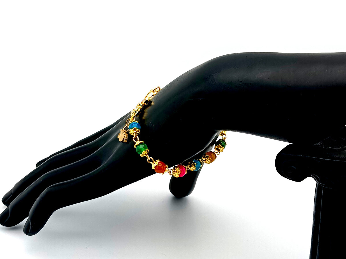Holy Spirit multi coloured agate gemstone single decade rosary bead bracelet with 18K gold cubic zirconia cross.