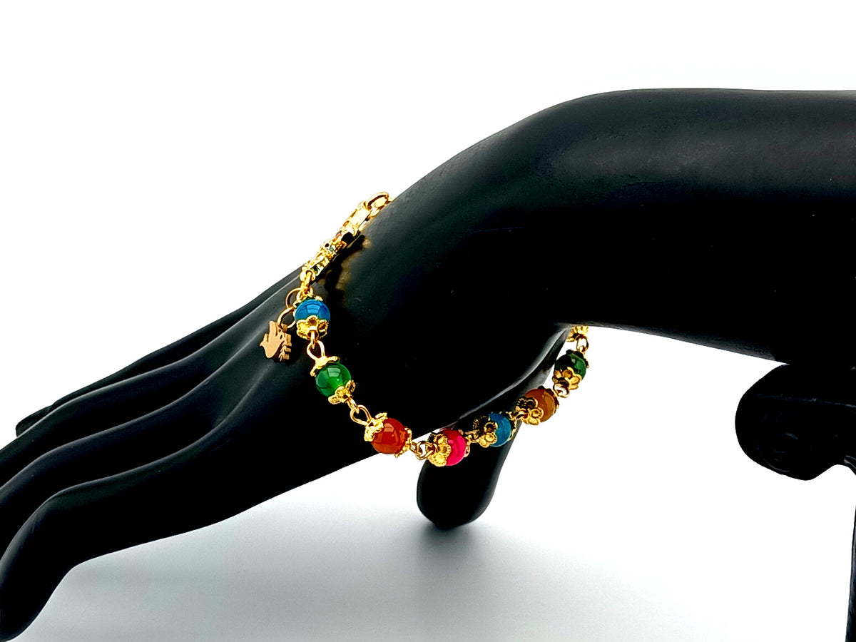 Holy Spirit multi coloured agate gemstone single decade rosary bead bracelet with 18K gold cubic zirconia cross.