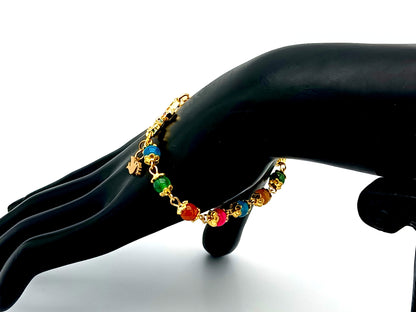 Holy Spirit multi coloured agate gemstone single decade rosary bead bracelet with 18K gold cubic zirconia cross.