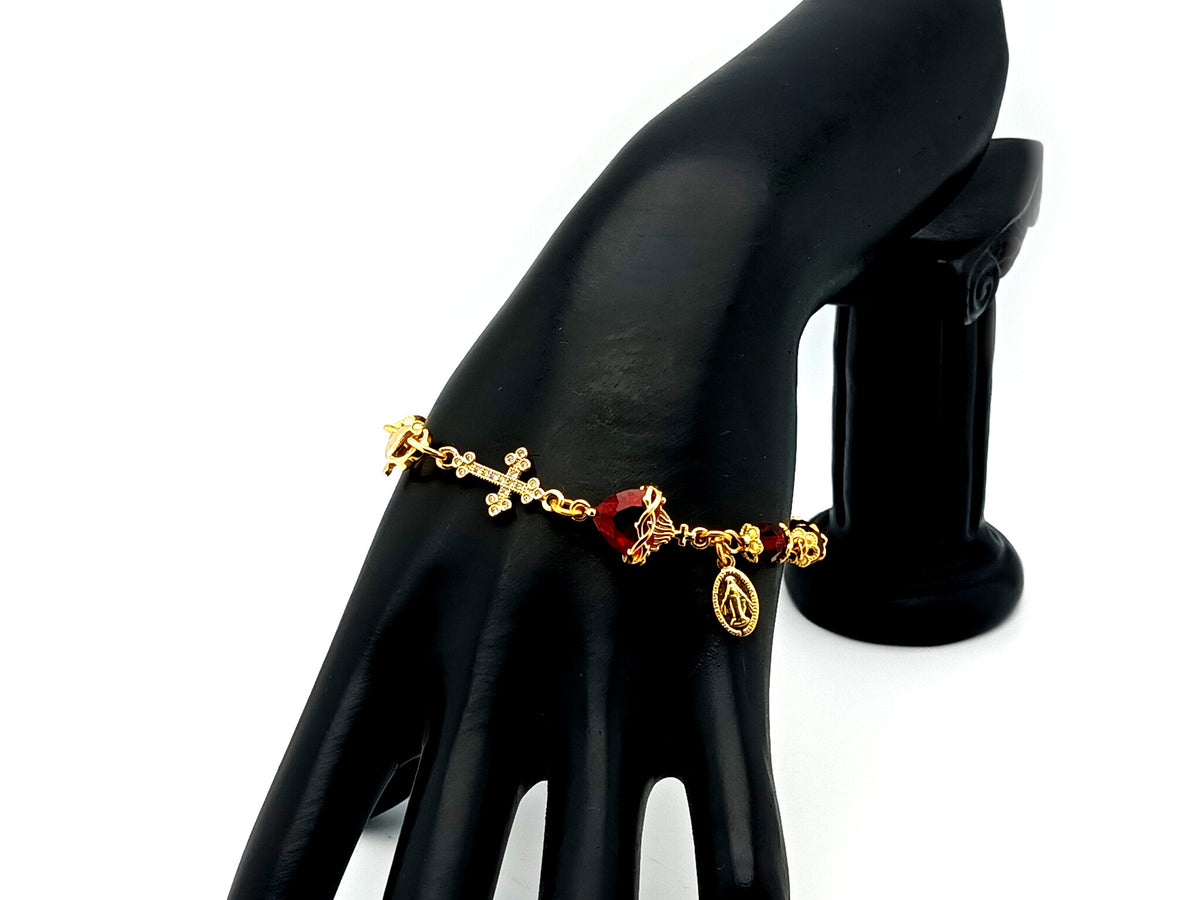 Sacred Heart of Jesus red crystal and gold single decade unique rosary bead bracelet with 18K cubic zirconia cross and Miraculous medal. 